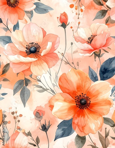 Watercolor floral pattern with orange blossoms