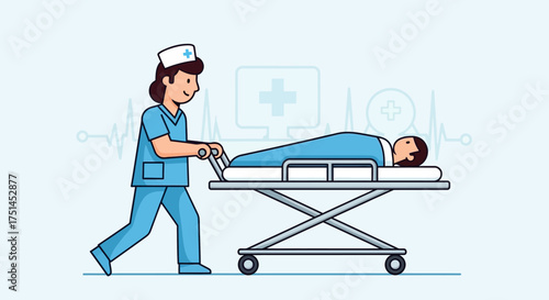 Healthcare professional carefully pushing a patient on a hospital stretcher, representing essential medical assistance and dedicated emergency services