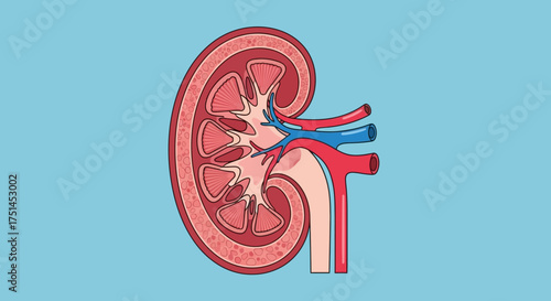 Medical illustration of a human kidney's cross-section, detailing internal anatomy with cortex, medulla, and vascular network for biology and health education