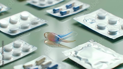 Overhead View of White and Blue Pills in Blister Packs on a Reflective Green Surface with a Stylized Glass Figure Lying Among Them Representing Medical Treatment Defect