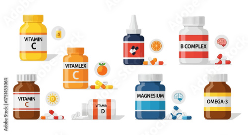 Assortment of health supplements including vitamin C, D, B complex, and Omega-3 in various bottles and packaging