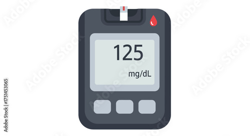 Vector illustration of a digital glucometer displaying a blood sugar level of 125 mg/dL, representing health monitoring and diabetes care