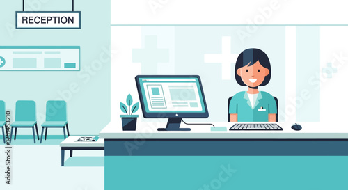 Friendly medical receptionist assisting at the hospital counter with a computer and patient chairs in the background