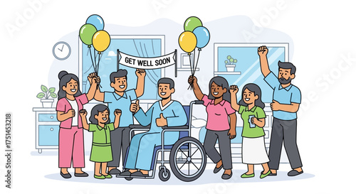 Supportive friends and family gather in a hospital room to wish a man in a wheelchair a speedy recovery with a banner and balloons