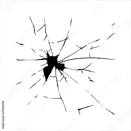 vector illustration of broken or shattered glass cracks. This abstract graphic design features a spider web-like pattern radiating from a central point of impact, creating an effect of destruction
