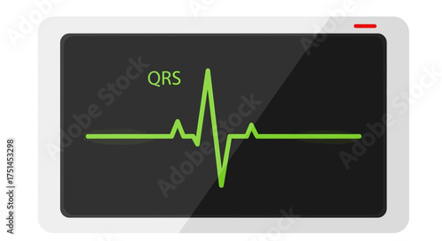 Vector illustration of a medical monitor screen showing a green ECG heartbeat line with the QRS complex, representing cardiac rhythm analysis
