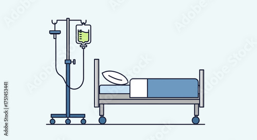 Medical intravenous drip stand with a hospital bed and pillow, symbolizing healthcare and treatment