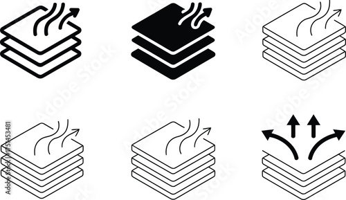 Layered Material Icons with Airflow and Directional Arrows