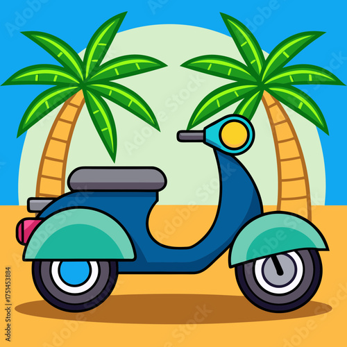 A blue scooter parked on a beach with palm trees in the summer