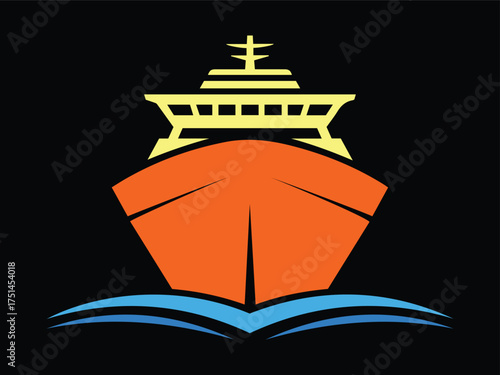 Cruise Ship Vessel on Waves - Vector Logo on Black Background

