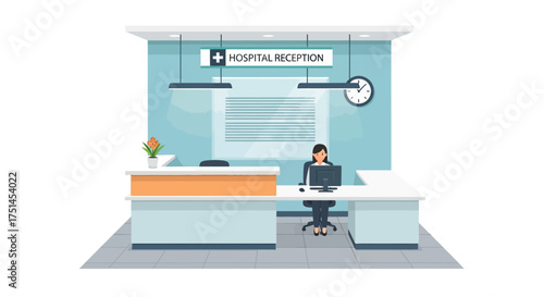 Vector illustration of a modern hospital reception area with a female receptionist sitting at the front desk