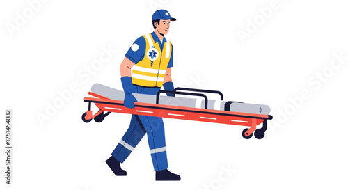 Professional male paramedic in uniform carrying an empty medical stretcher, ready for emergency patient transport and healthcare assistance in a flat vector illustration