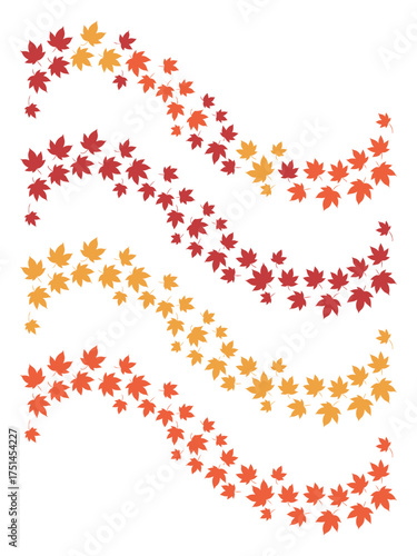 Set of Wavy Lines of Falling Autumn Maple Leaves - Seasonal Vector Graphic