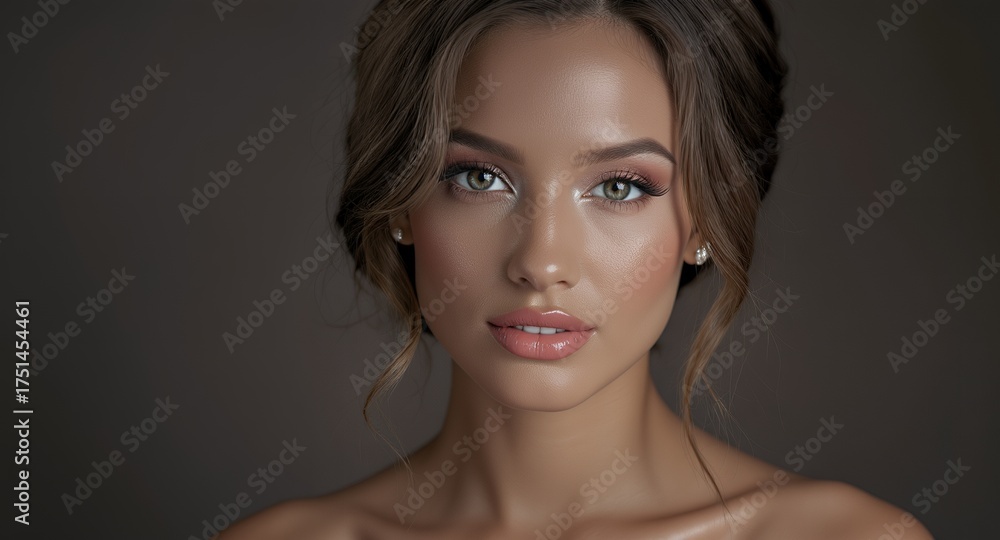 Naklejka premium Elegant Portrait of a Woman with Flawless Makeup and Hairstyle