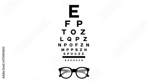 A classic black and white eye chart for vision testing with a pair of eyeglasses below, symbolizing optometry and eyesight correction