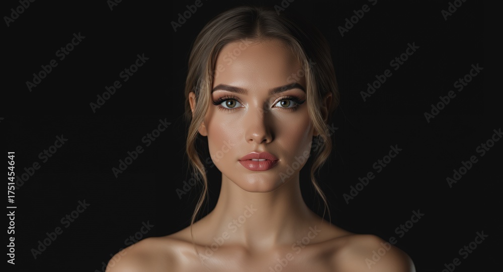 Fototapeta premium Elegant Portrait with Flawless Makeup and Soft Lighting
