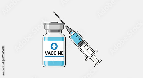Vector illustration of a vaccine vial next to a syringe, depicting essential medical immunization, disease prevention, and global public health initiatives and healthcare