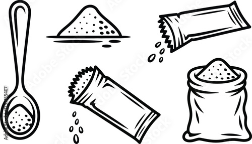 Black and White Icons of Sugar: Spoon, Pile, Packets, and Bag