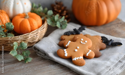 halloween themed gingerbread man cookie with subtle pumpkins and tiny bat props, warm rustic bakery style