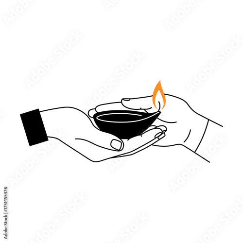Minimalist line art illustration of two hands carefully holding and sharing a lit traditional oil lamp, or diya.