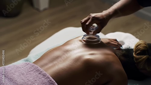 Woman Receiving Cupping Therapy in Spa Environment for Relaxation and Wellness Top View of Dark Skin, Therapist Applying Cups to Back on Blue Towel for Pain Relief and Healing