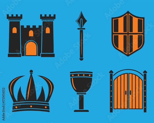 Medieval fantasy flat vector icons: castle, crown, shield, spear, chalice, gate. Ideal for historical design, gaming, and royal themed graphics.