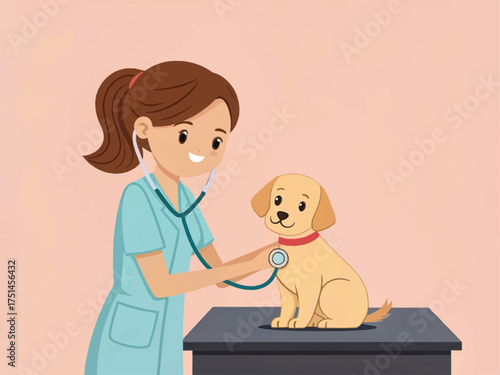 Veterinarian examining a golden retriever puppy with a stethoscope in a clinic setting for animal care