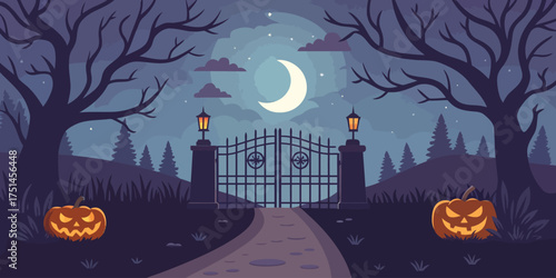 Spooky Halloween night scene with pumpkins and gate under a bright moon in a dark landscape