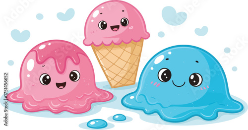 Adorable cartoon ice cream scoops with happy faces creating a sweet and playful summer treat scene