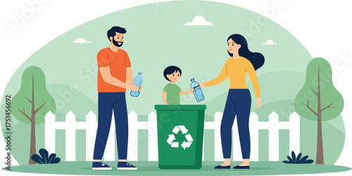 Family teaching their child about recycling by throwing plastic bottles into a green recycling bin