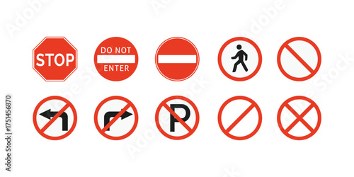 Collection of stop street icons including red stop sign, hand symbol, road safety warning traffic signage and prohibition design for caution, driving rules and regulations