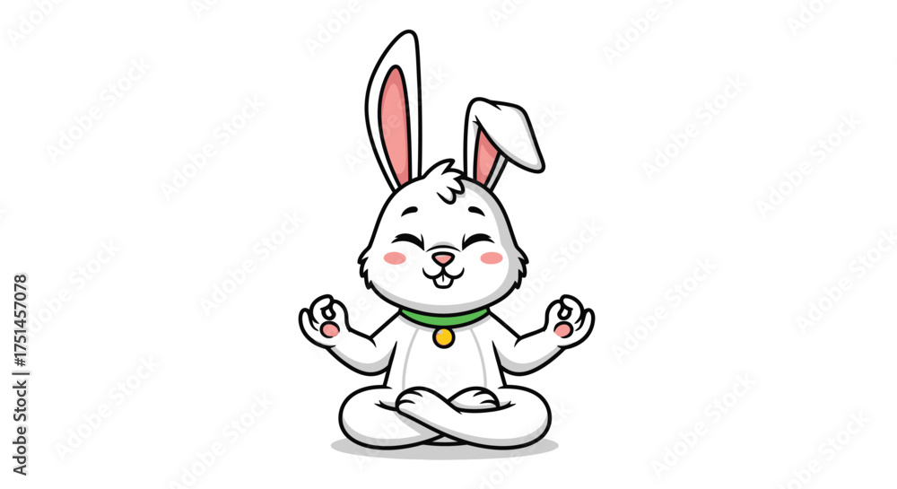 Obraz premium Cartoon rabbit meditating in lotus position with a green collar.