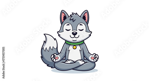 A cute cartoon wolf character meditating peacefully in a yoga lotus pose on a white background.