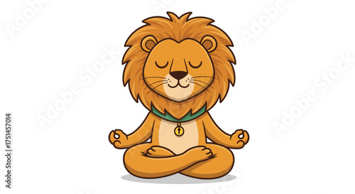 A cute cartoon lion meditating peacefully in a lotus position, with its eyes closed and a serene expression.