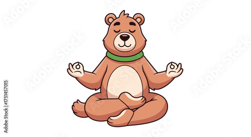 A cute cartoon brown bear meditating peacefully in a lotus position with closed eyes and a green scarf.