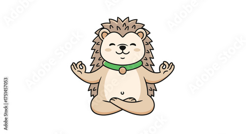 A cute cartoon hedgehog meditating peacefully in a lotus position with its eyes closed and a serene smile.