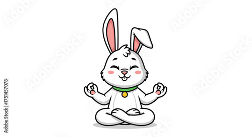 Cartoon rabbit meditating in lotus position with a green collar.