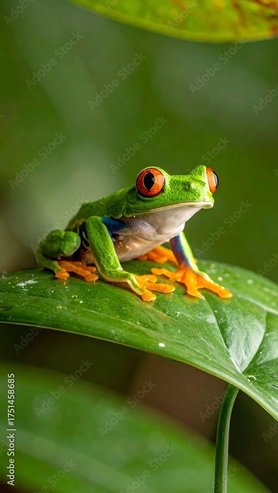 Fototapeta premium Vibrant green tree frog with red eyes on a large leaf