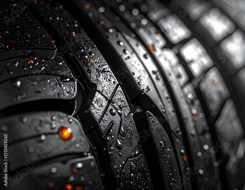 Macro Shot of Black Car Tire with Water Droplets and Red Highlights Automotive Detail Close Up with Textured Surface and Abstract Water Reflections