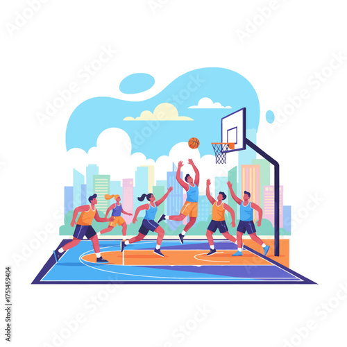 Urban basketball match with dynamic teamwork and jump shot. Street court game, fast break energy under city skyline. Outdoor hoops action, players contest a buzzer-beater layup