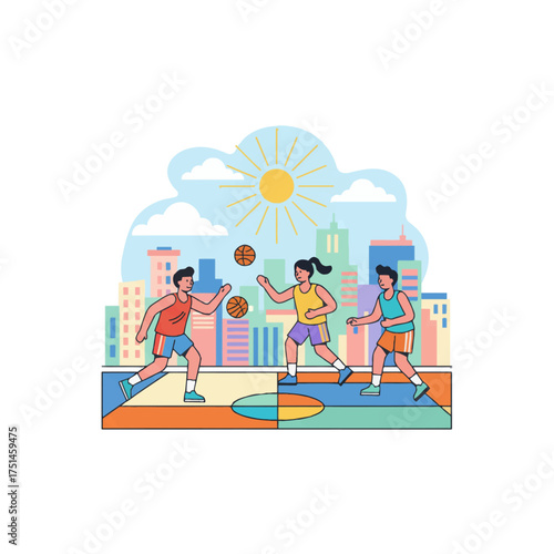Urban street basketball under sun, colorful skyline. Outdoor hoops duel, city court, bright vector art. Active lifestyle sports marketing, rooftop game. Youth basketball training in modern urban park