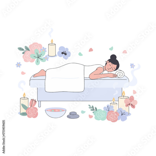 Professional bodywork setup with oils, florals, and linens. Therapy table rest: woman face down, candles and blooms. Deep care vibe with stones, bowl, and calming decor. Swedish-style comfort