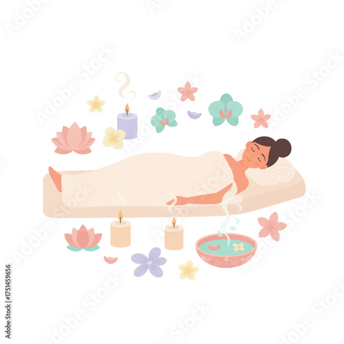 Wrapped comfort with floating petals and warm candle haze. Pamper moment: gentle light, floral bowl, and sweet calm. Soft pastel wellness nap with fragrance and glow. Elegant calm scene