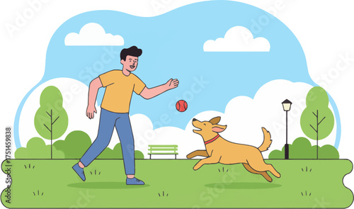 Park bench scene: man throws ball to eager dog. Sunny stroll and fetch near lamppost and city trees. Energetic canine chase across trimmed public lawn. Weekend leisure with ball, owner, and urban park