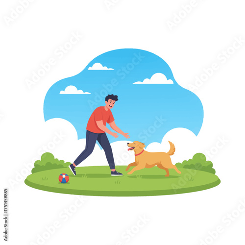 Playful toss with dog on bright open meadow illustration. Man trains pup with ball during sunny park break. Lighthearted fetch moment on fresh green grass. Happy pair playing outdoors in modern style