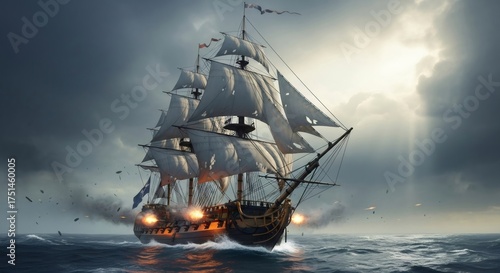 Old sailing warship firing canons in naval battle at sea under dramatic sky. Historical military conflict concept for gaming or history.