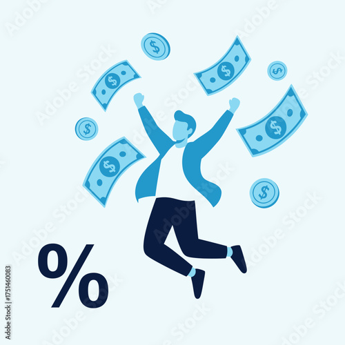Financial Freedom Person Jumping for Joy Amidst Money and Percentage Sign