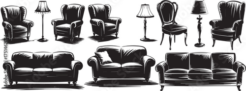 Furniture sketch collection of sofas armchairs lamps chairs interior design elements