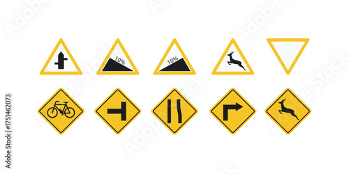 Road safety signage clipart set with warning symbols, safety first signs, under construction boards, pedestrian alerts, and caution yellow sign collection for traffic rules and driving safety