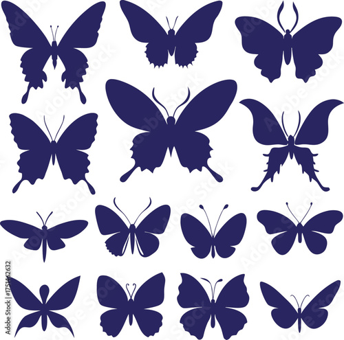 Collection of silhouettes of various butterflies in deep blue color